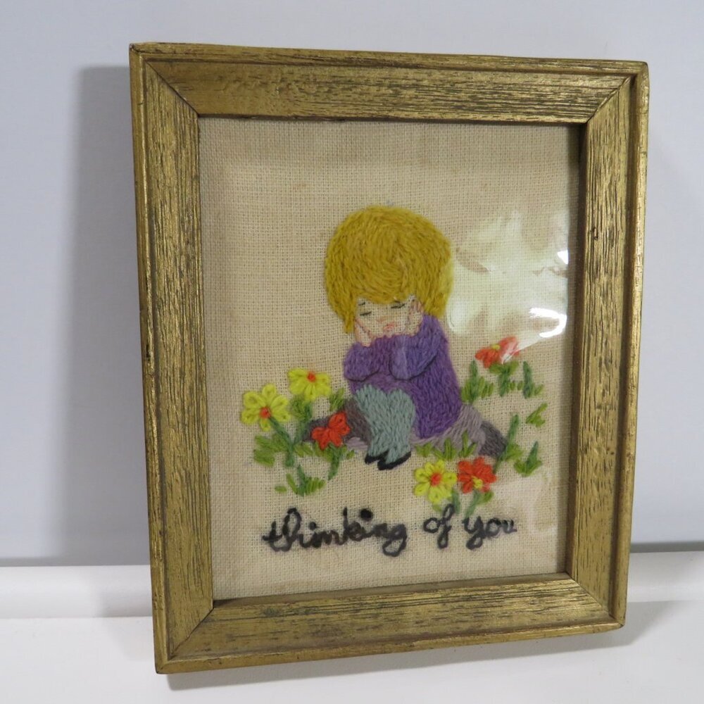 Thinking of You Embroidery 1980s in wood gold frame Vintage